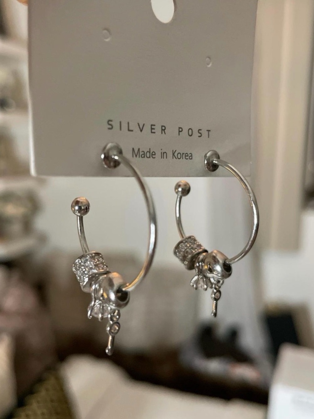 Silver Hoop Earrings with Sparkling Charms - Silver Post